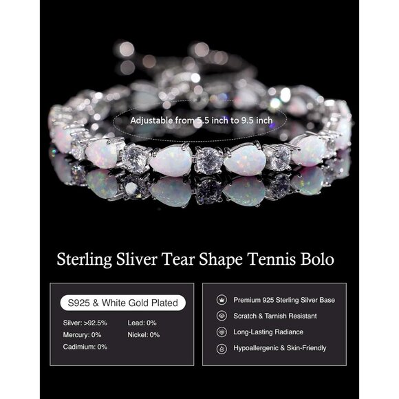 Sterling Silver Opal Birthstone Tennis Bolo Bracelet for Women with Adjustable F - Picture 3 of 8